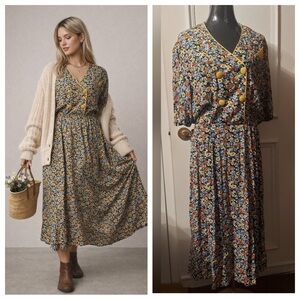 Vintage Floral Prairie Midi Dress Cottagecore Whimsigoth Teacher Core